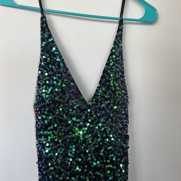EUC Pear Culture green & blue sequin spaghetti strap side slit prom dress 11/12 - Picture 2 of 7